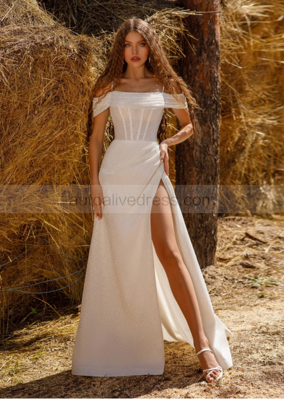 Cold Shoulder Ivory Glitter Tulle High Slit Wedding Dress